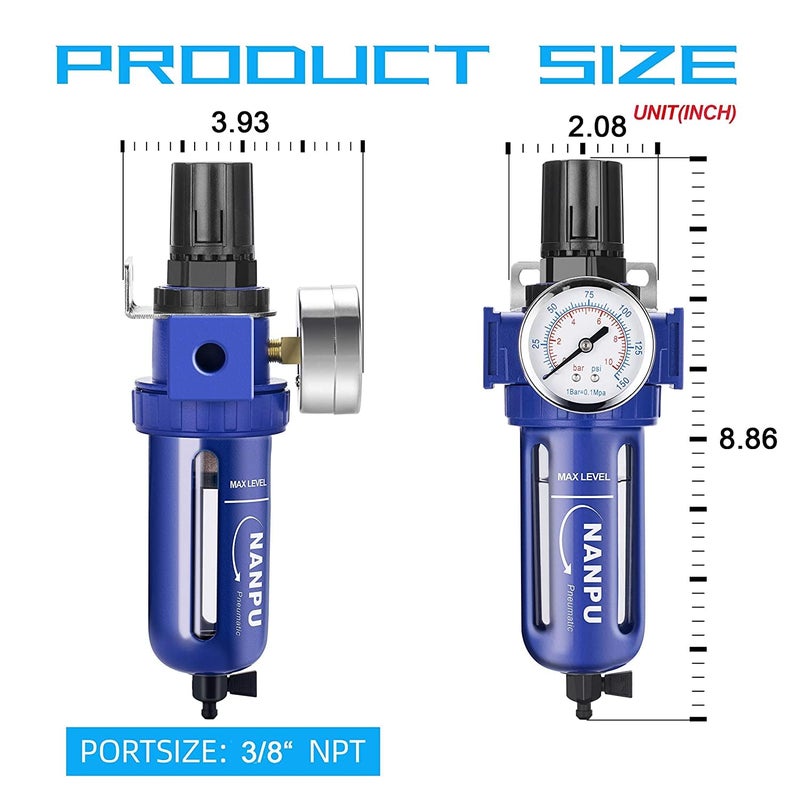 NANPU 3/8" NPT Compressed Air Filter Regulator, Zinc Alloy, 5 Micron Brass Element, 0-150 psi Gauge, Quick Release Bowl, Manual Drain, Metal Bracket - Image 3